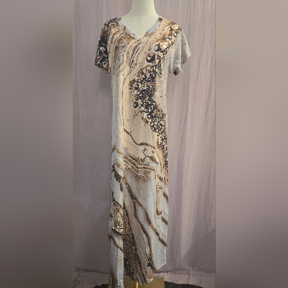Women's Summer V-Neck Marble Print Maxi Dress With Side Slit, Beige - MEDIUM - Picture 2 of 7